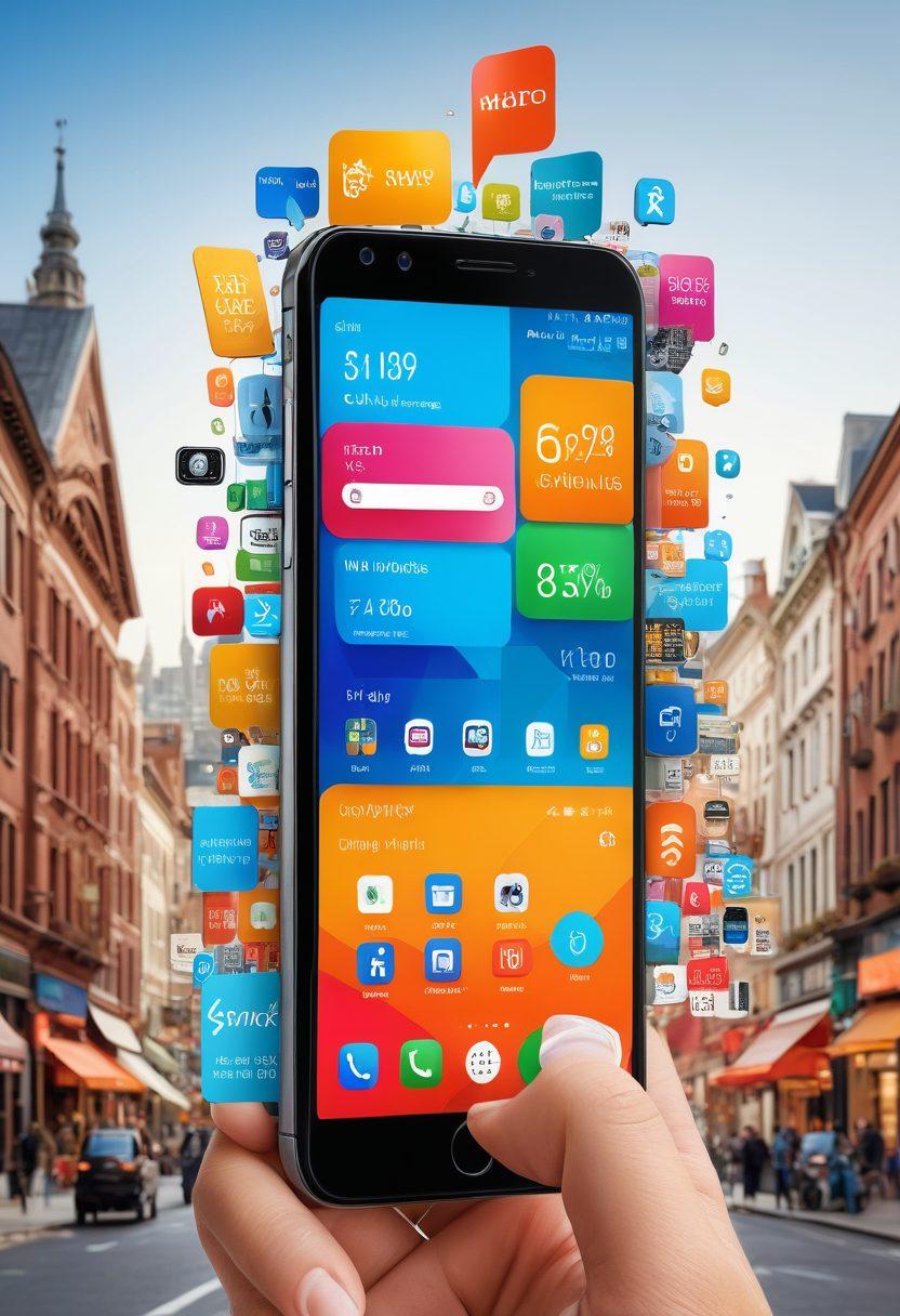 A collage of budget-friendly smartphones with vibrant displays, showcasing various pay-as-you-go plans and features. Include price tags, icons of savings, and happy users of diverse backgrounds enjoying their phones. The background should have a dynamic cityscape to symbolize connectivity and modern living. Incorporate bright, appealing colors to attract attention. super-realistic. vibrant colors. white background.