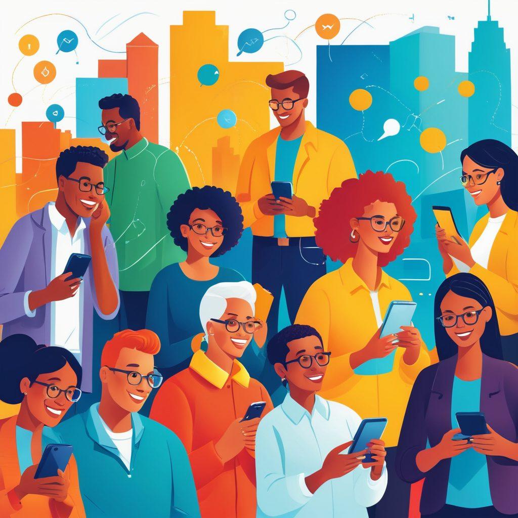 A vibrant illustration of a diverse group of people happily using their mobile devices in various urban settings, surrounded by symbols of affordable mobile plans and seamless connectivity. Include graphical elements like dollar signs, network signals, and chat bubbles to represent communication and savings. Bright colors and an inviting atmosphere to evoke a sense of community and accessibility. vector art. vibrant colors. white background.