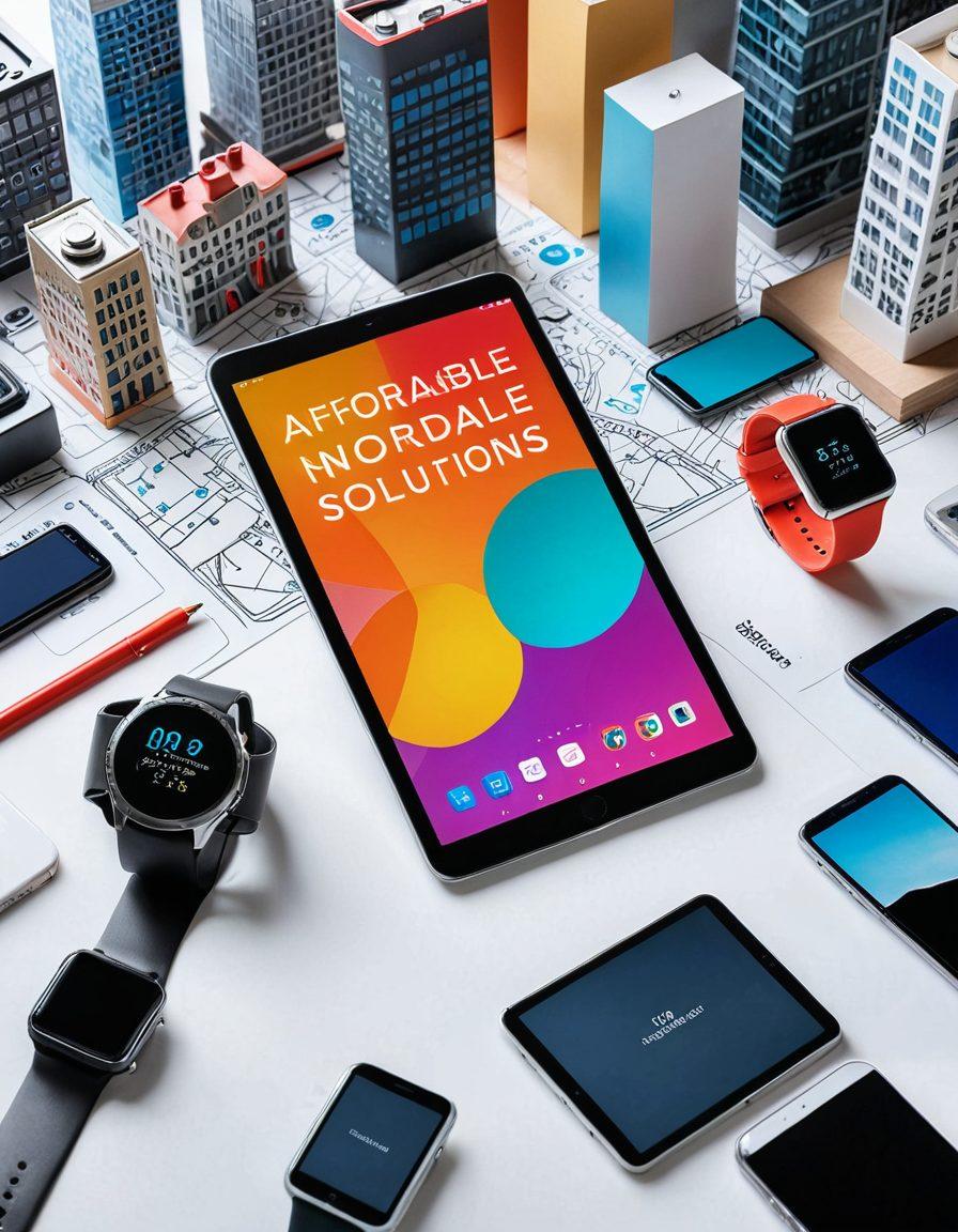 A modern smartphone with a vibrant price tag displaying 'Affordable No-Contract Solutions', surrounded by various smart devices like tablets and smartwatches, set against a backdrop of a cityscape, symbolizing connectivity and freedom. Bright and inviting colors to emphasize savings and accessibility. super-realistic. vibrant colors. white background.